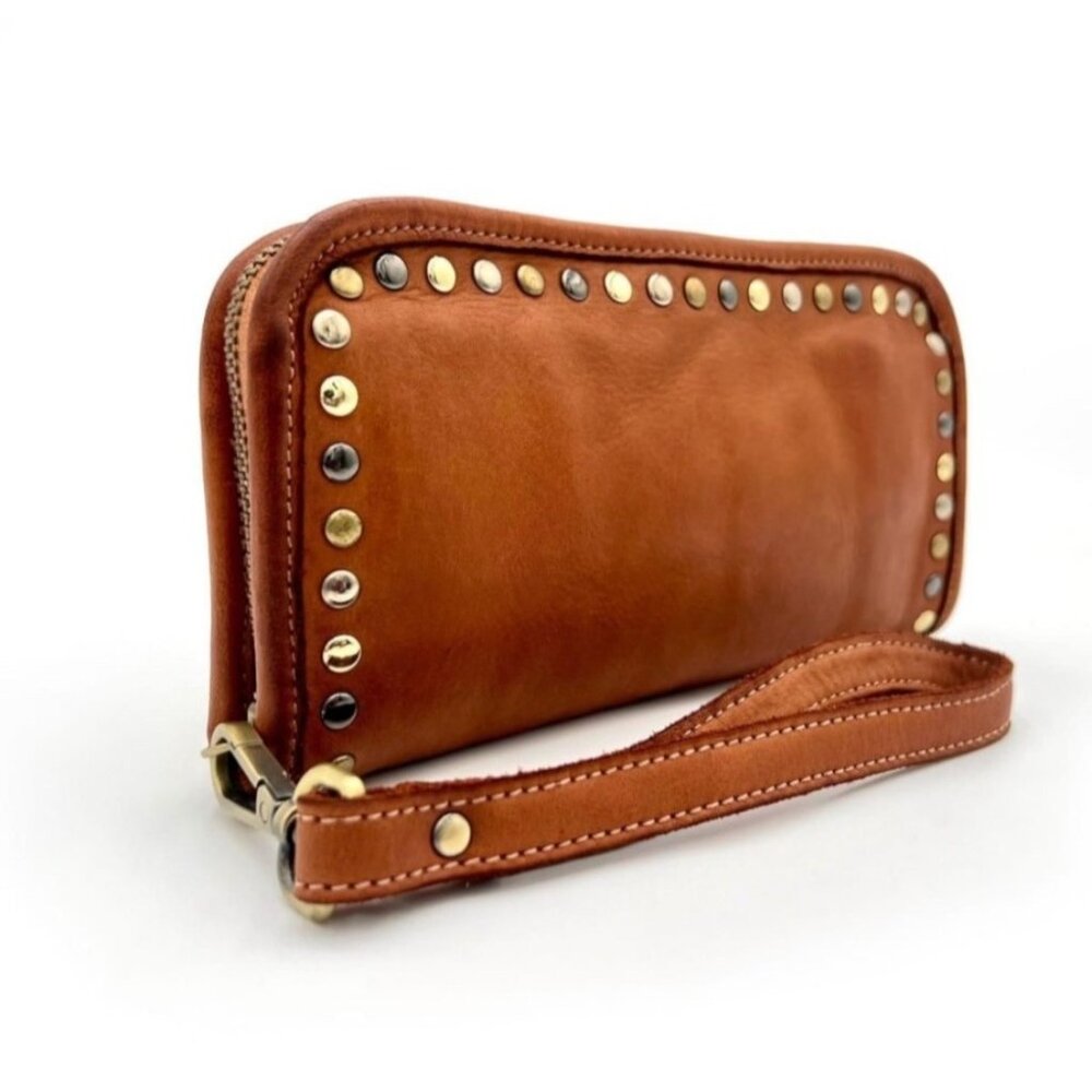 Bolsa Nova Sofia Zip Around Cognac Handwashed Italian Leather Studded Wristlet - Picture 2 of 10